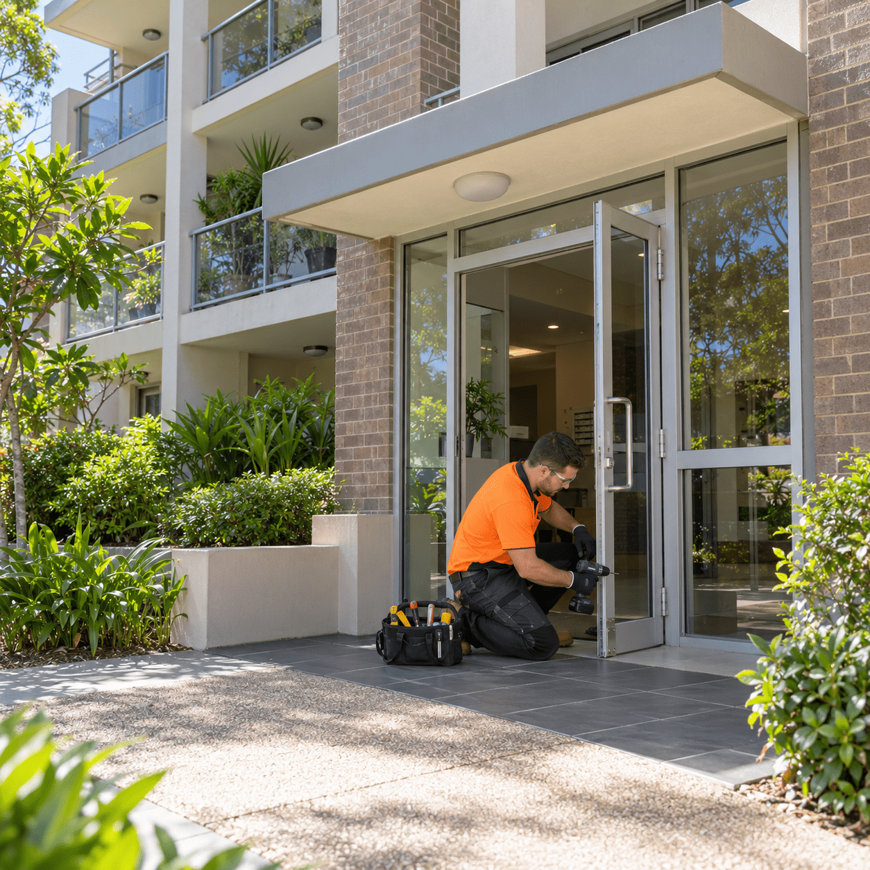 Building maintenance tradesman repairing a communal entrance door at a Fairfield apartment building