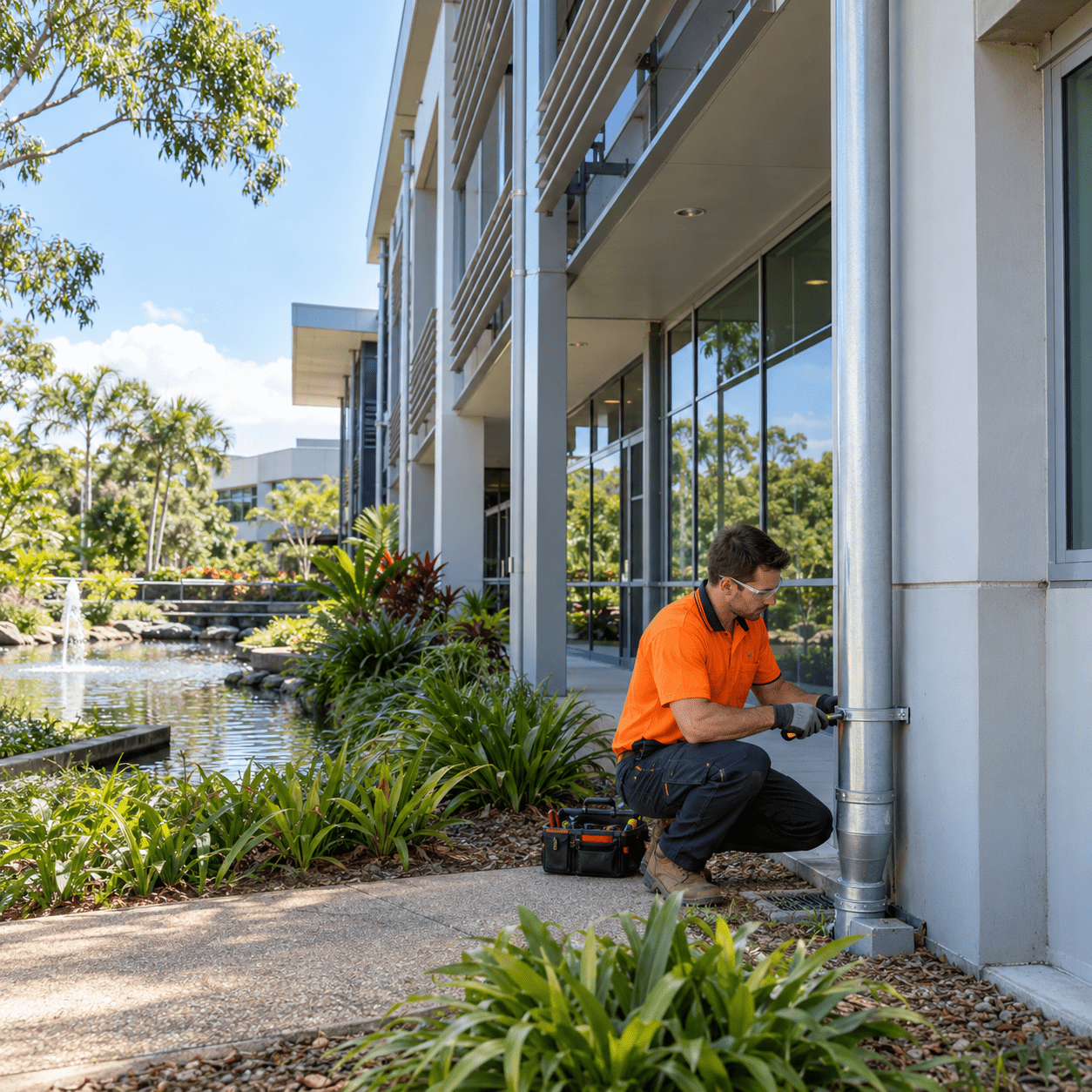 Building maintenance tradesman repairing a downpipe at a commercial property in Forest Lake