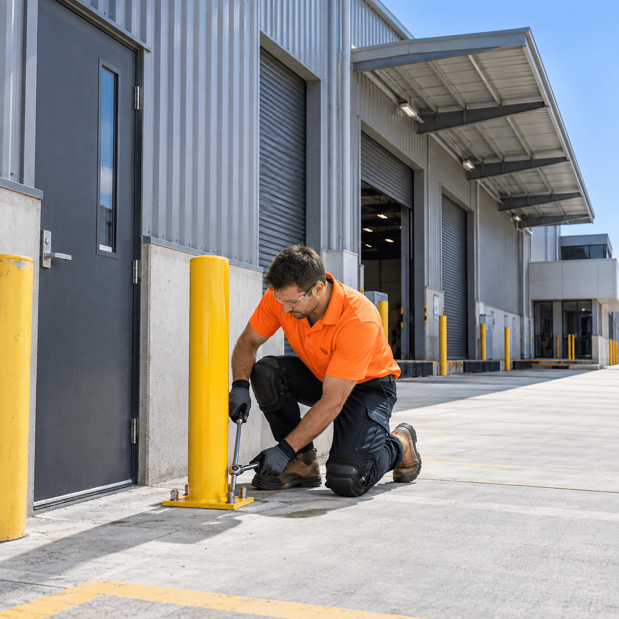 Building maintenance tradesman replacing a safety bollard at an industrial warehouse in Larapinta