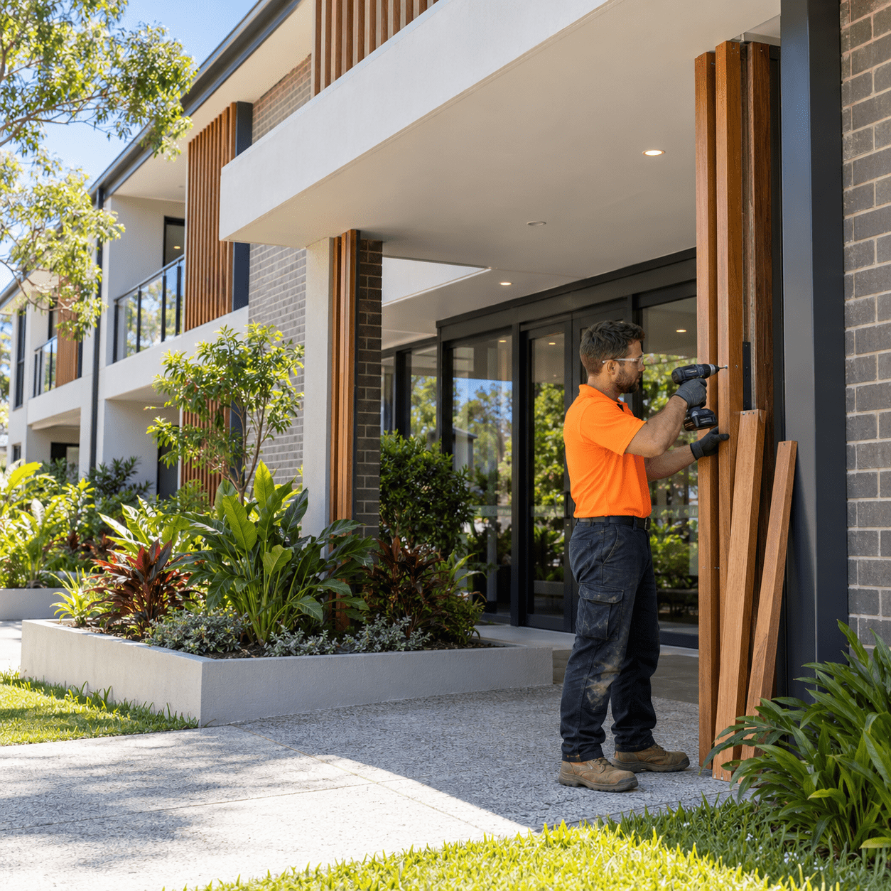 Building maintenance tradesman replacing timber screening at a modern Mackenzie strata building