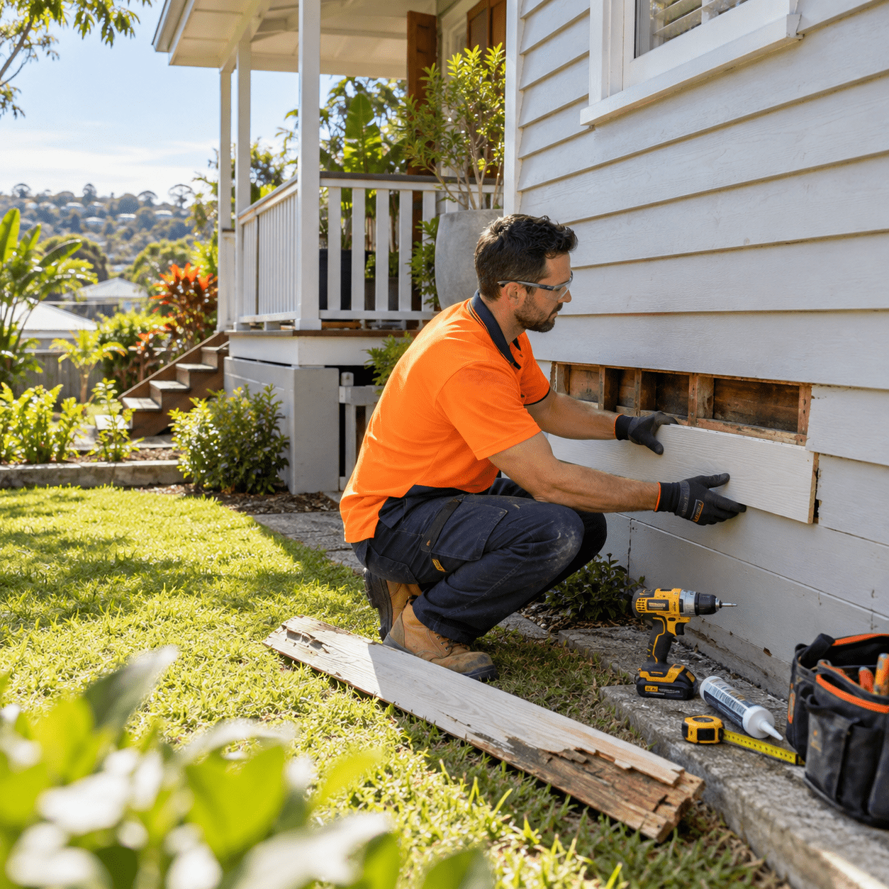 Building maintenance professional replacing damaged weatherboard cladding at a Mount Gravatt East home