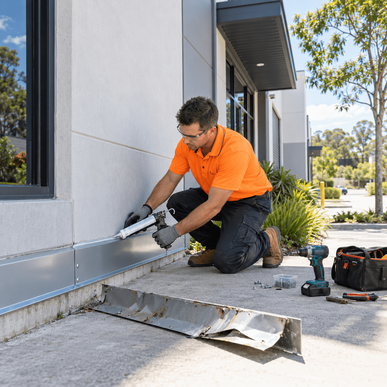 Building maintenance professional replacing exterior metal flashing at a Seventeen Mile Rocks commercial property