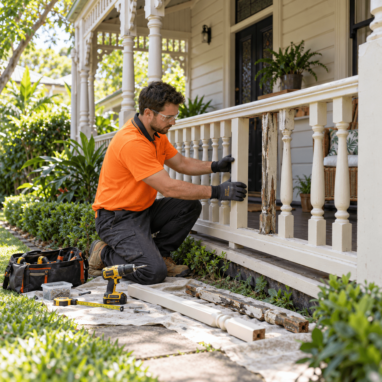 Building maintenance professional replacing a damaged veranda balustrade at a Sherwood home