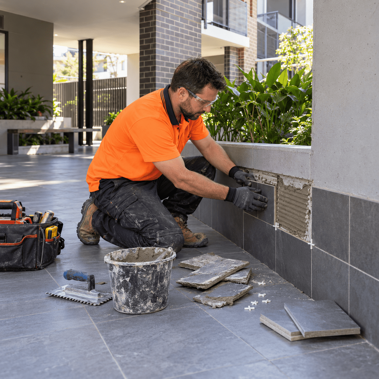 Building maintenance professional replacing damaged wall tiles at a South Brisbane apartment building