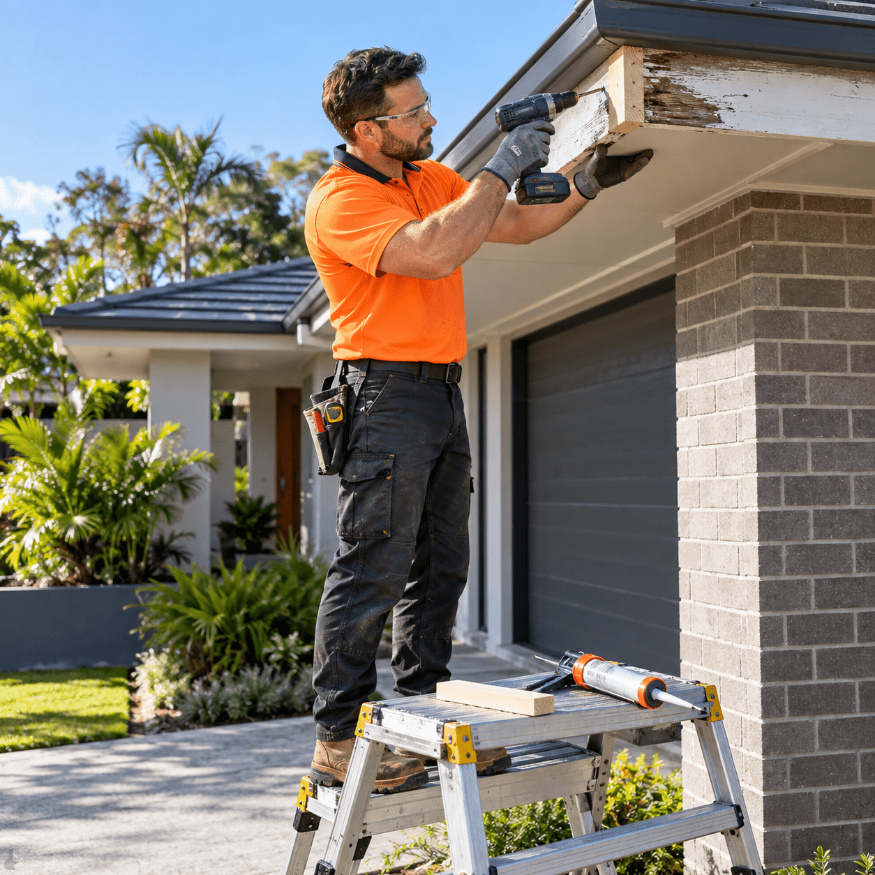 Building maintenance tradesman repairing an exterior fascia at a modern Stretton home
