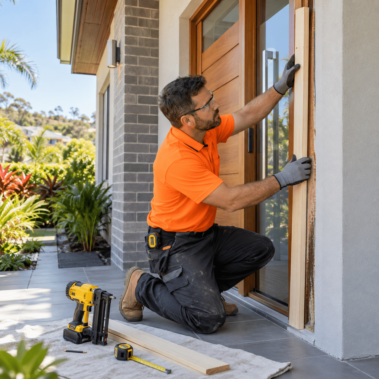 Building maintenance tradesman replacing damaged entry trim at a Sunnybank Hills home