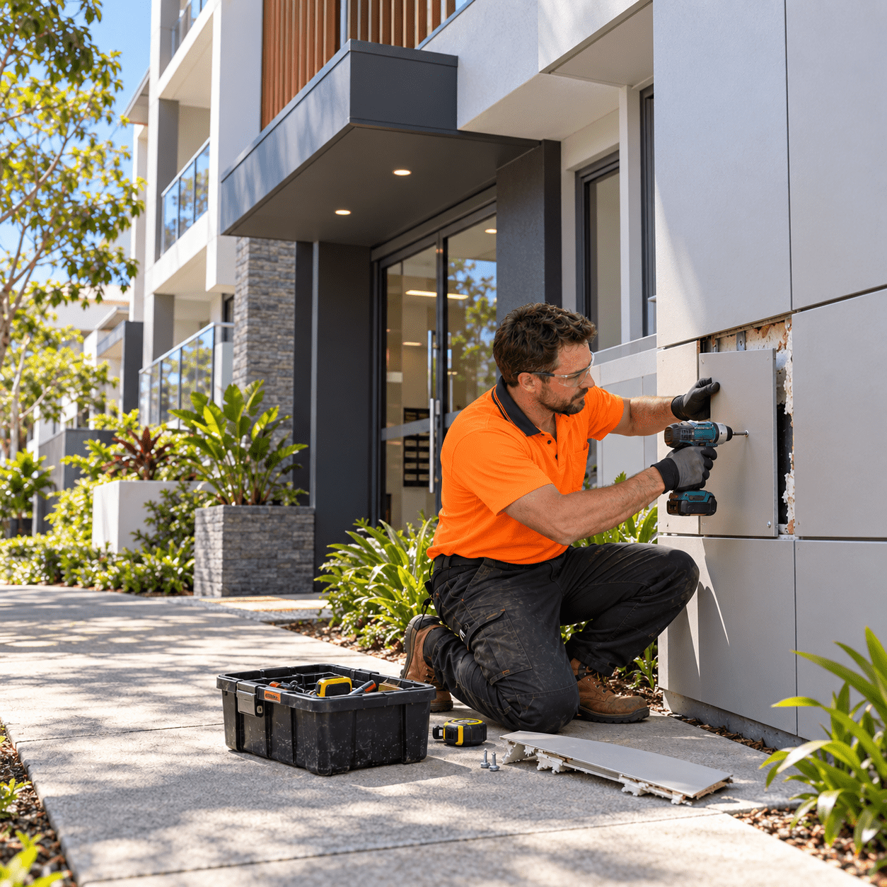 Building maintenance tradesman repairing a timber veranda balustrade at a Tarragindi home
