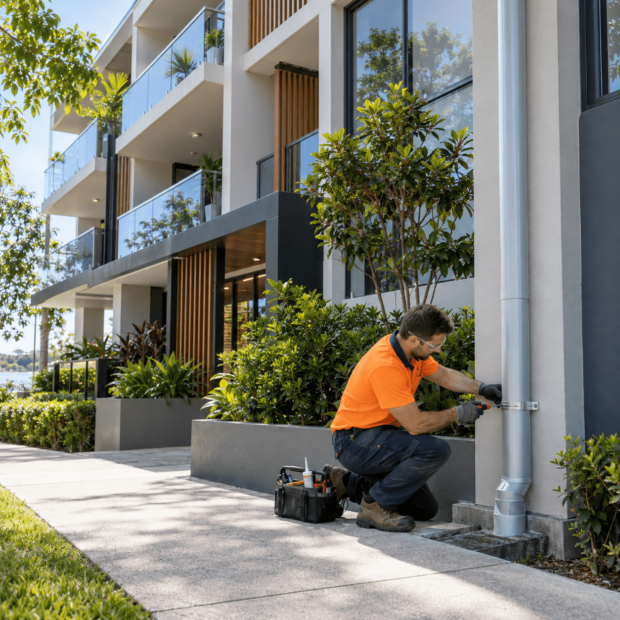Building maintenance tradesman repairing a downpipe at a modern Tennyson apartment building
