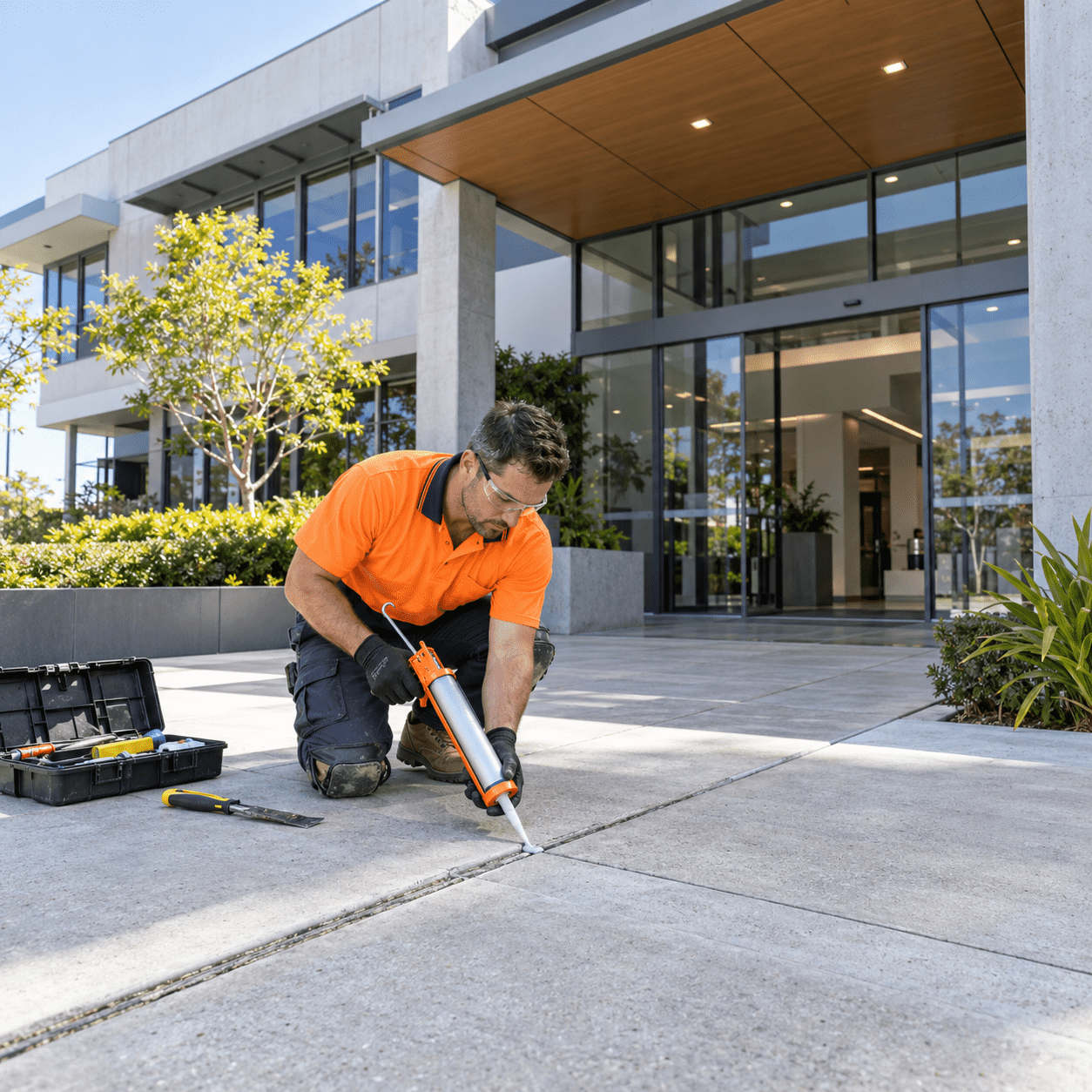 Building maintenance tradesman sealing an entrance expansion joint at an Upper Mount Gravatt commercial building