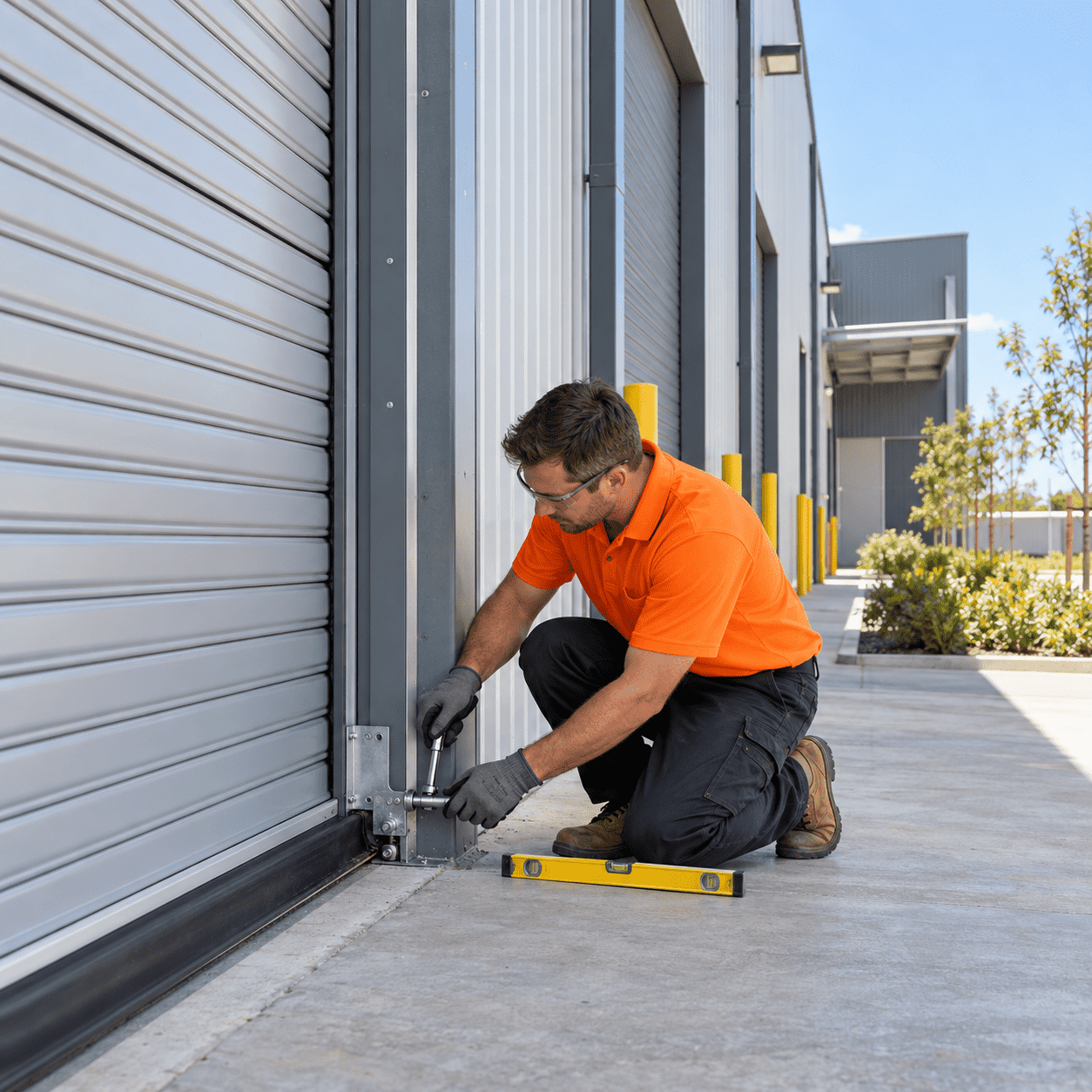 Building maintenance tradesman repairing a warehouse roller door at an industrial property in Willawong