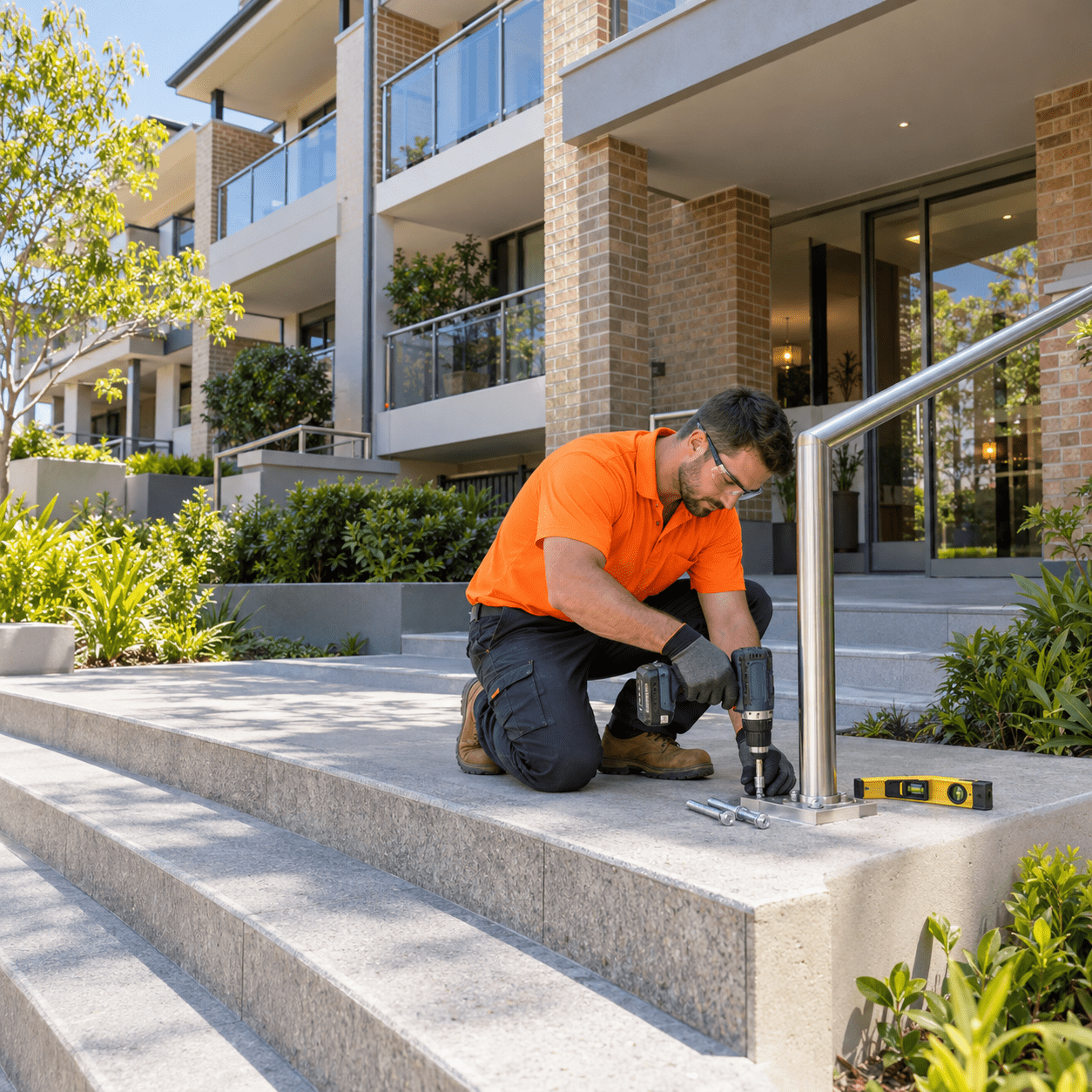 Building maintenance tradesman repairing an entrance handrail at a modern apartment building in Wishart