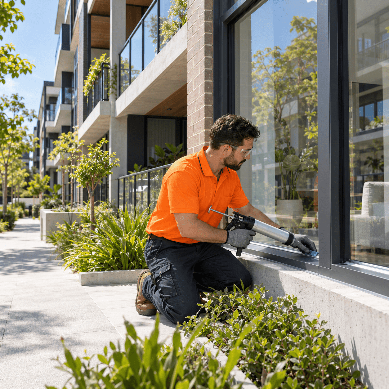 Building maintenance tradesman resealing a window at a modern Yeerongpilly apartment building