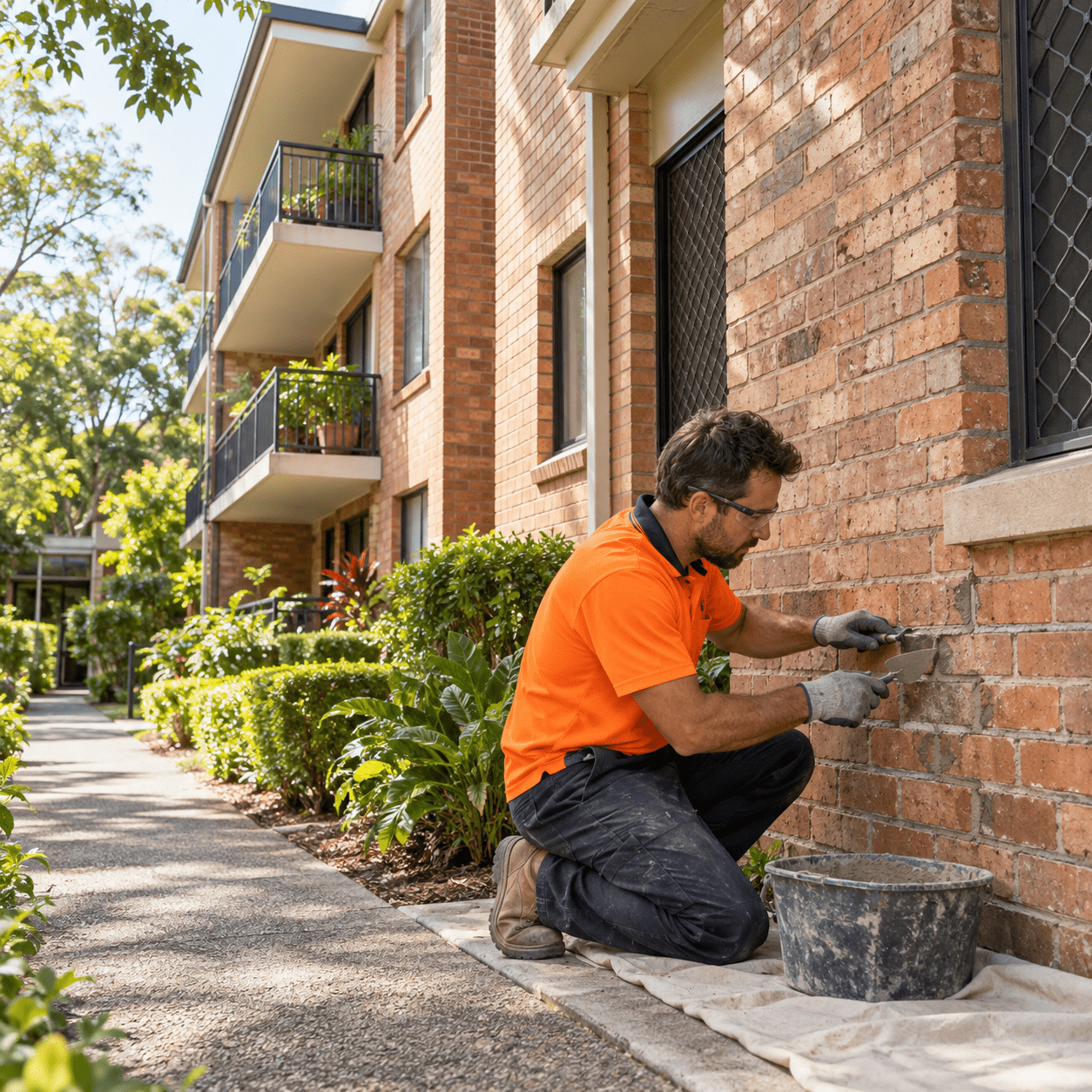 Building maintenance tradesman repointing brickwork at an established Yeronga apartment building