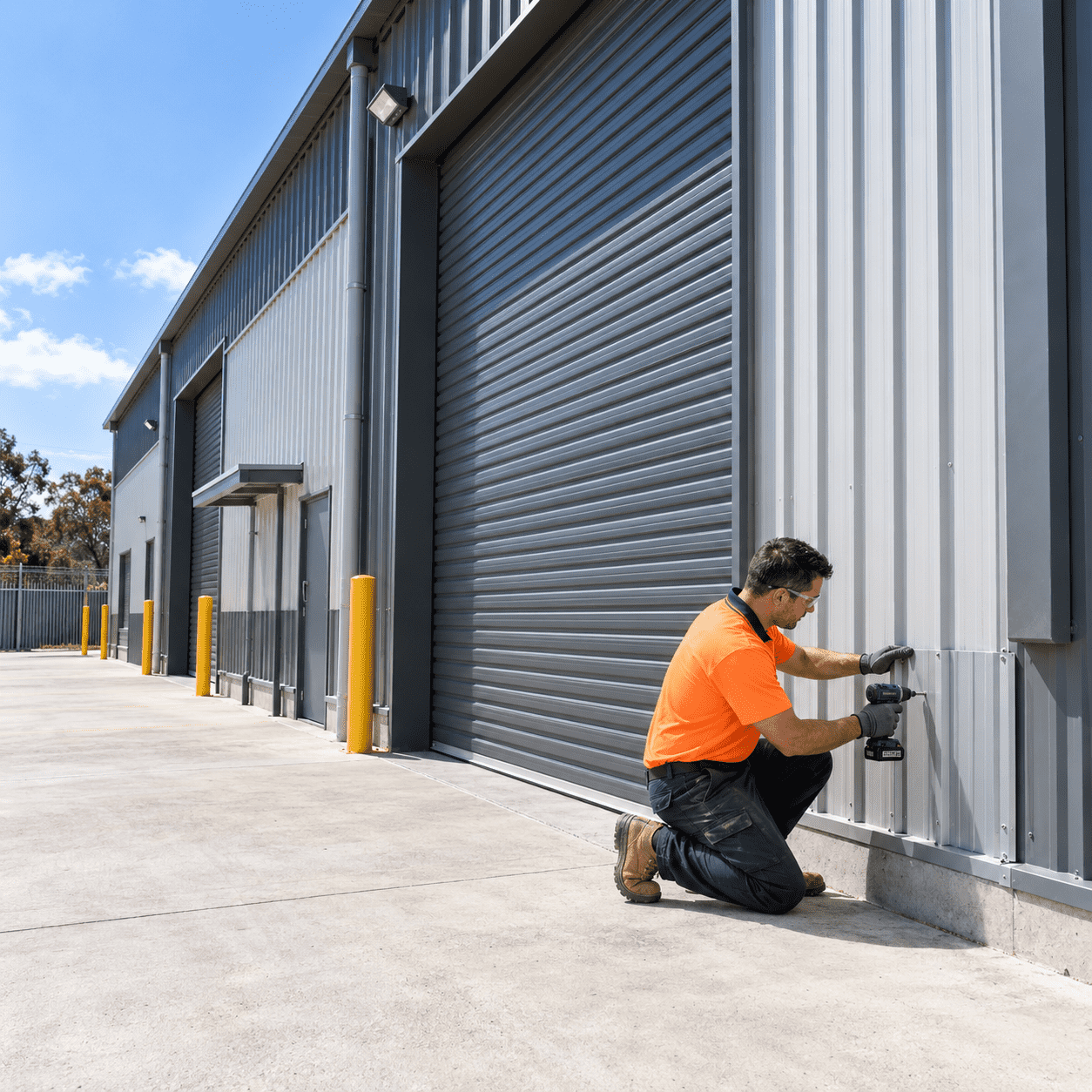 Building maintenance tradesman repairing warehouse wall cladding at an industrial property in Acacia Ridge