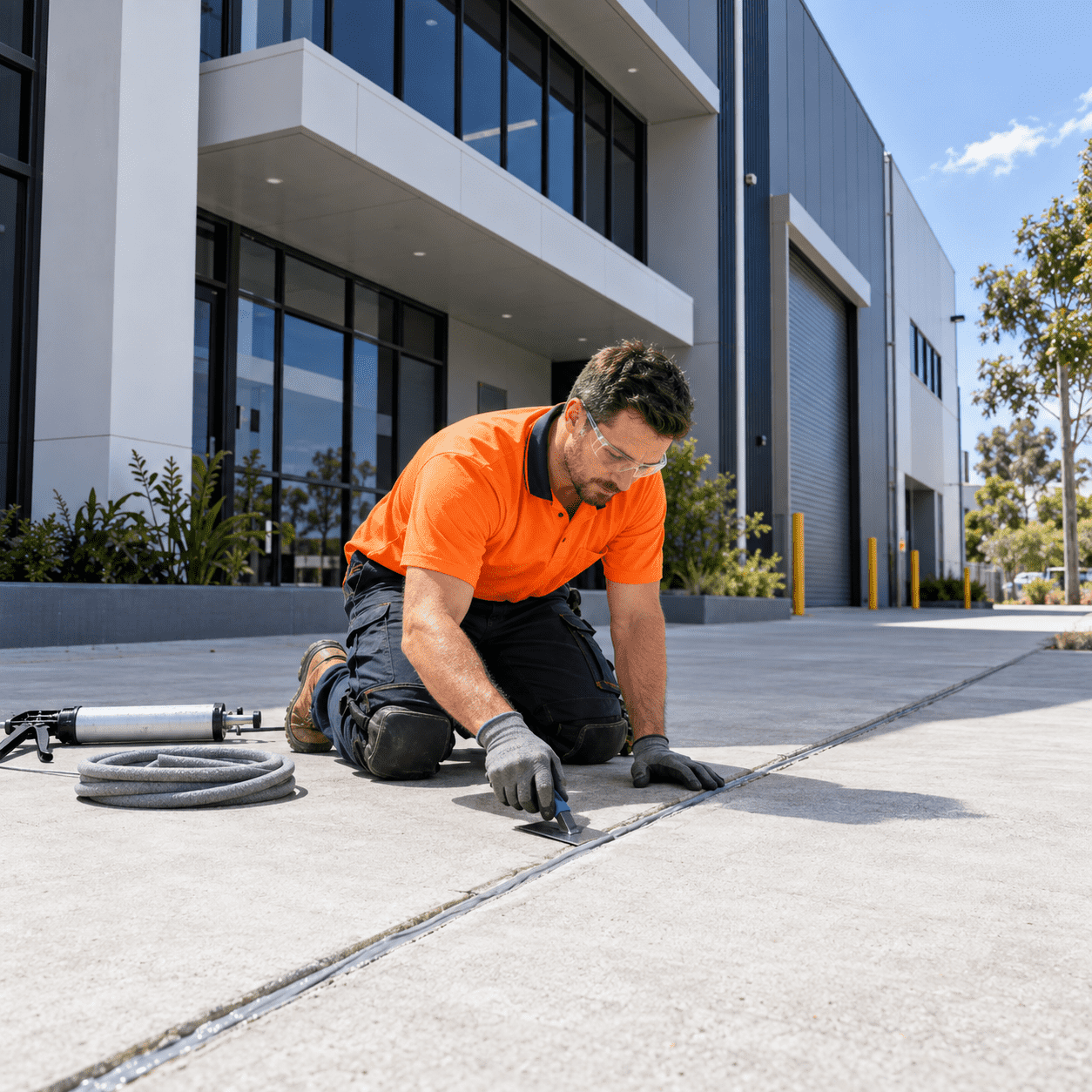 Building maintenance tradesman repairing a concrete expansion joint at a commercial property in Coopers Plains