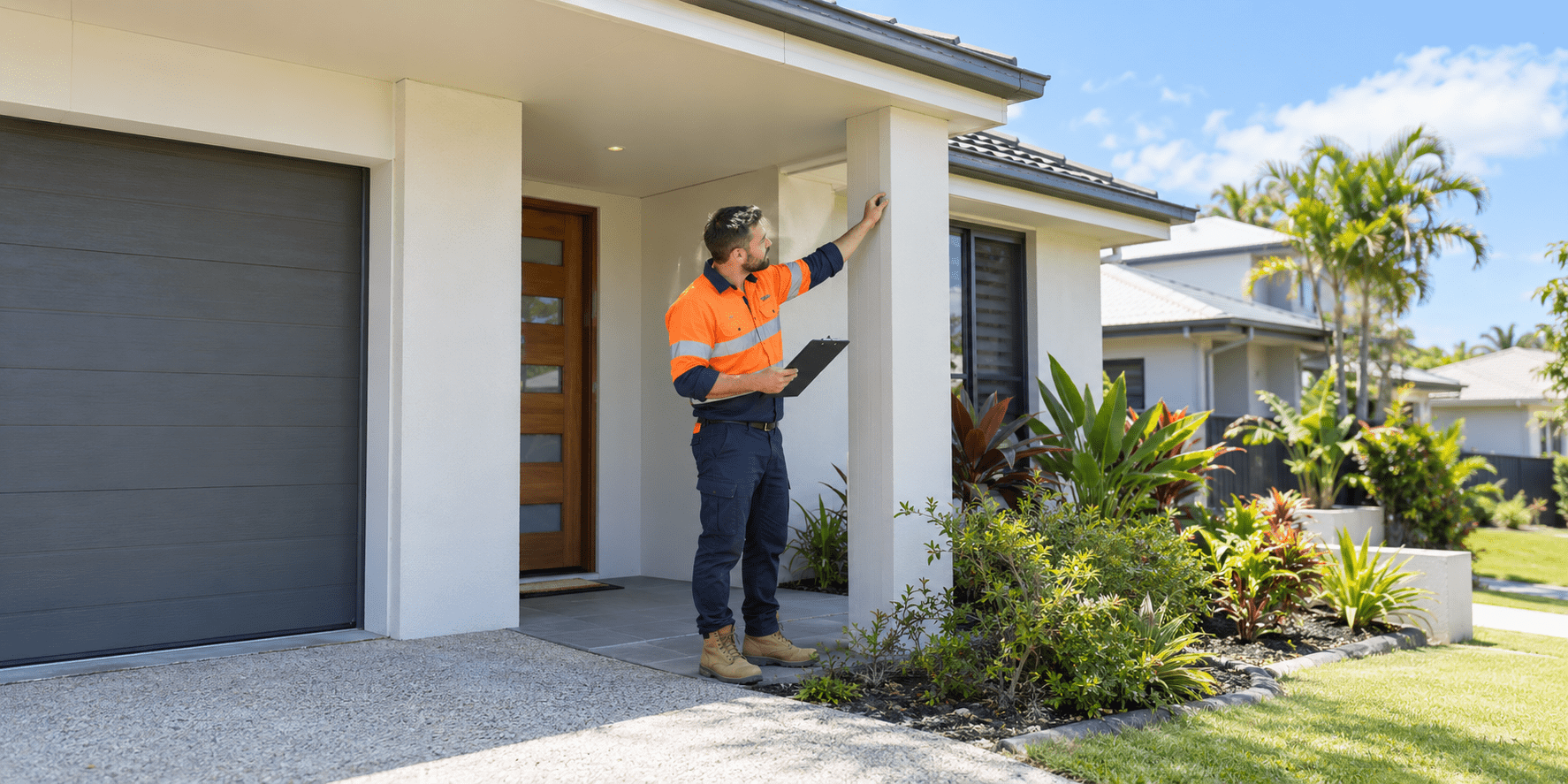 SBBM worker inspecting the exterior of a residential property in Doolandella, Brisbane.