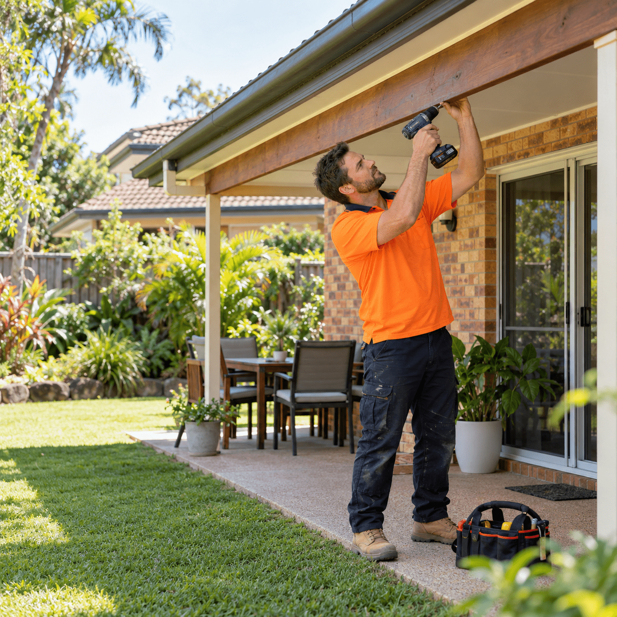 Building maintenance professional repairing a covered patio at a home in Durack