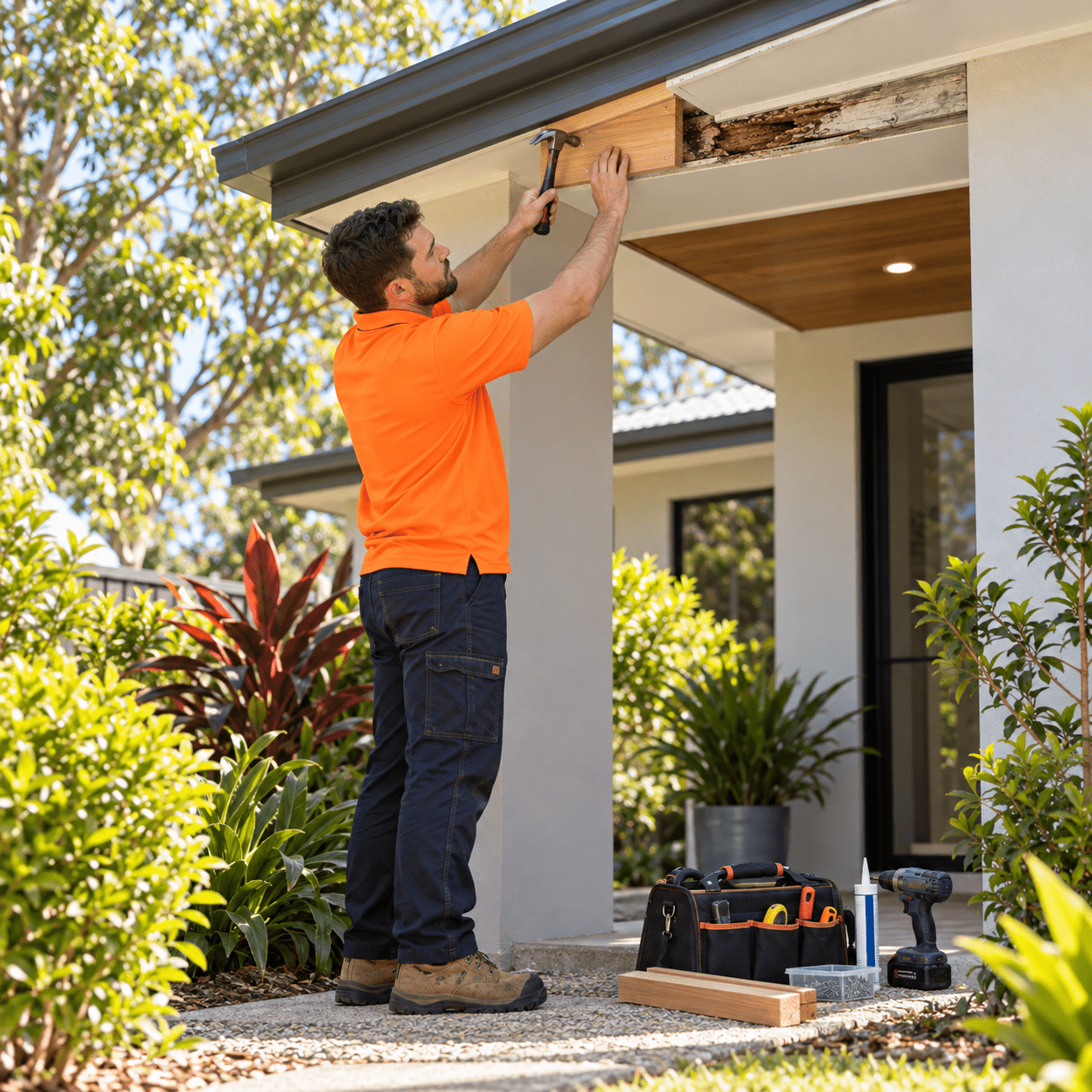 Building maintenance professional repairing damaged exterior fascia at an Ellen Grove home