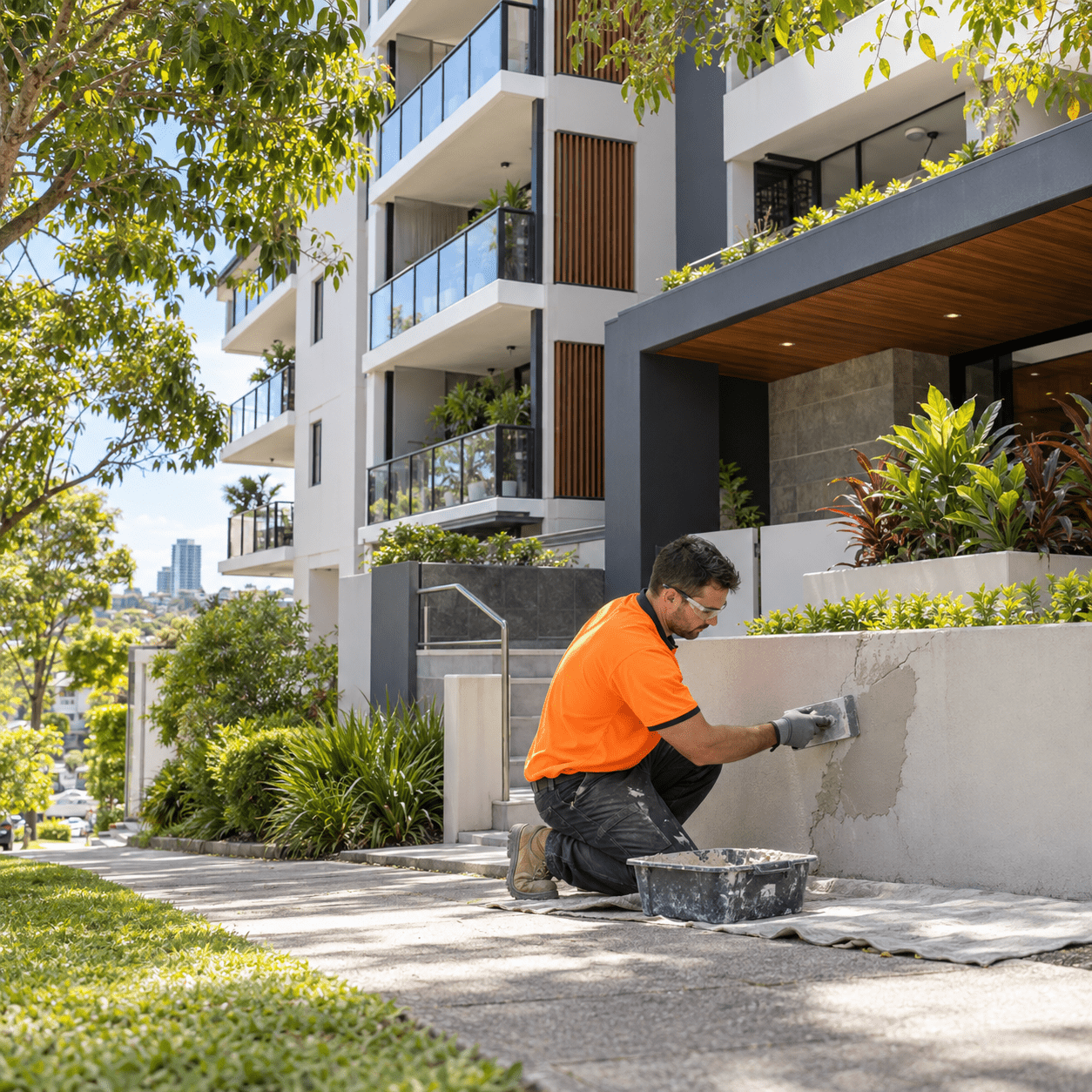 Building maintenance tradesman repairing exterior render at an apartment complex in Greenslopes