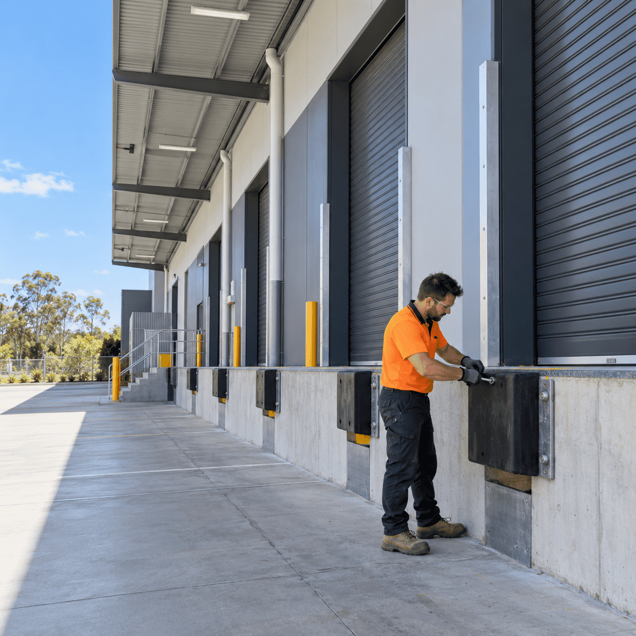 Building maintenance tradesman replacing a loading dock bumper at a commercial warehouse in Heathwood