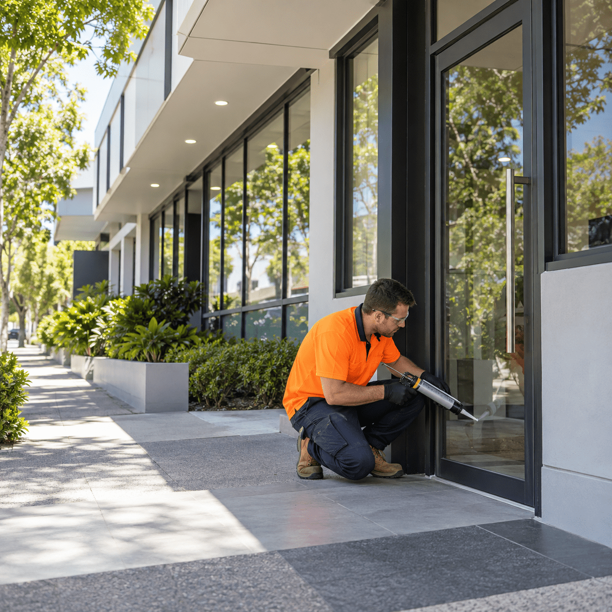 Building maintenance tradesman resealing a commercial doorway in Holland Park West