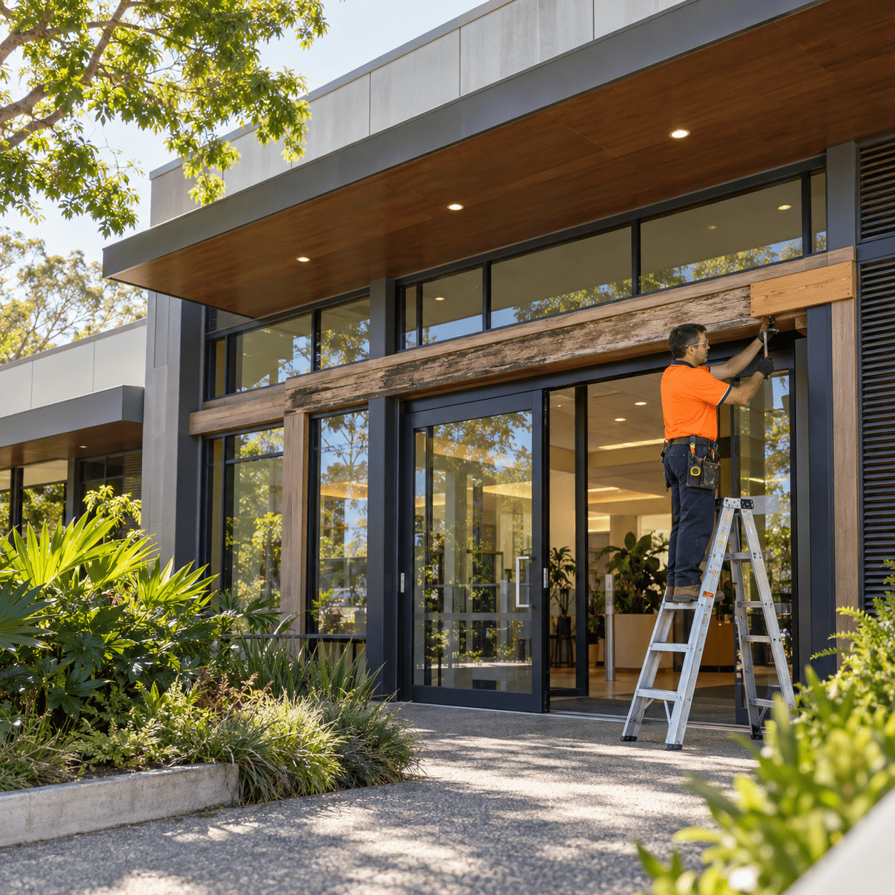 Building maintenance tradesman repairing exterior timber trim at a commercial property in Holland Park