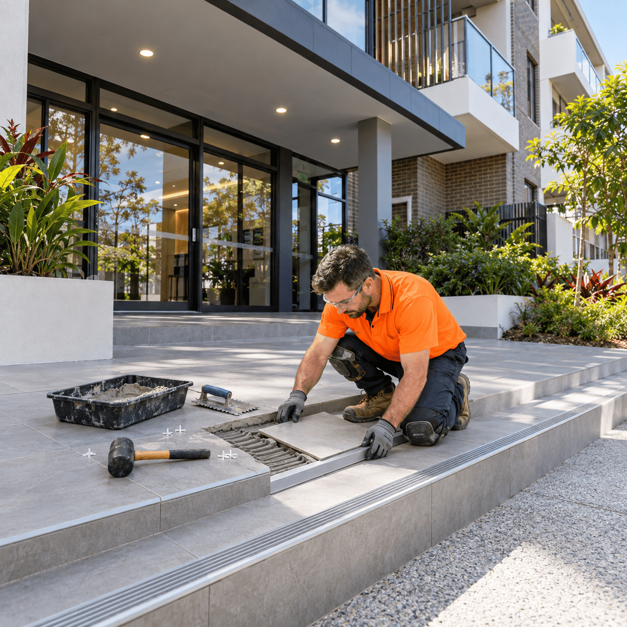 Building maintenance tradesman replacing a damaged entrance tile at a modern Macgregor apartment building