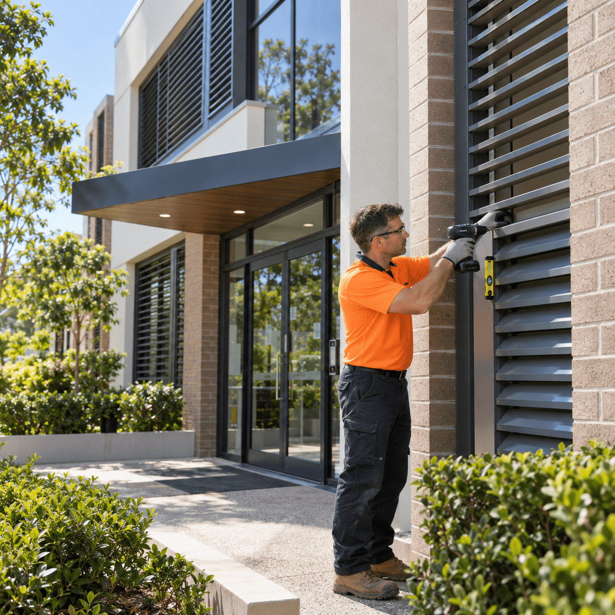 Building maintenance tradesman repairing aluminium louvres at a modern Mansfield commercial building