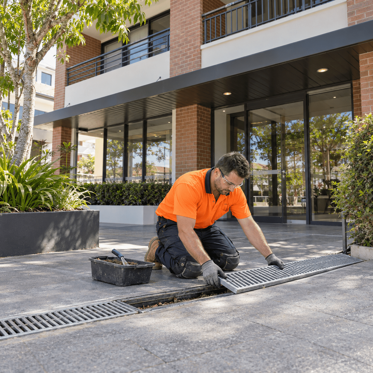 Building maintenance tradesman replacing an entrance drain grate at a Moorooka apartment building