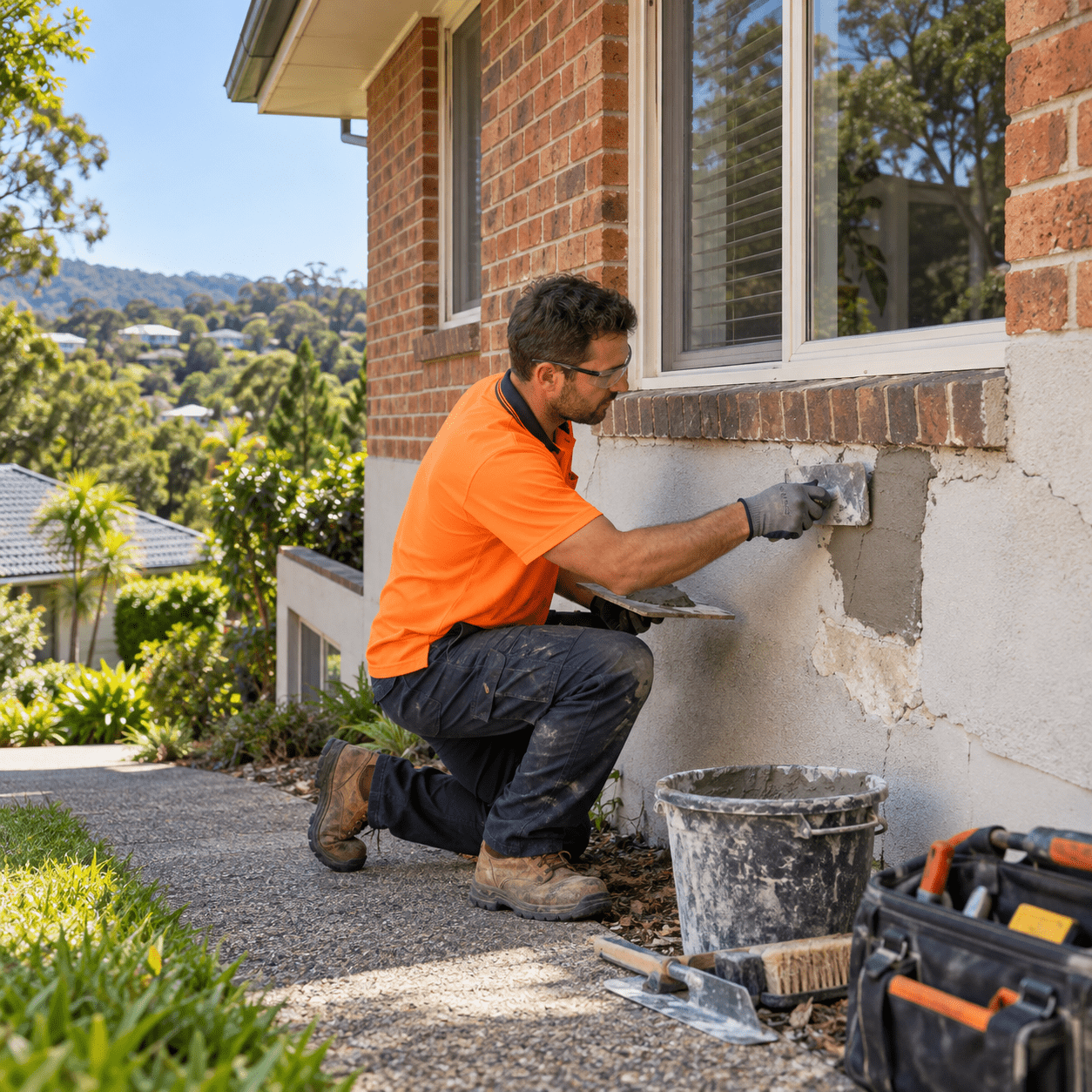 Building maintenance professional repairing exterior masonry at a Mount Gravatt home