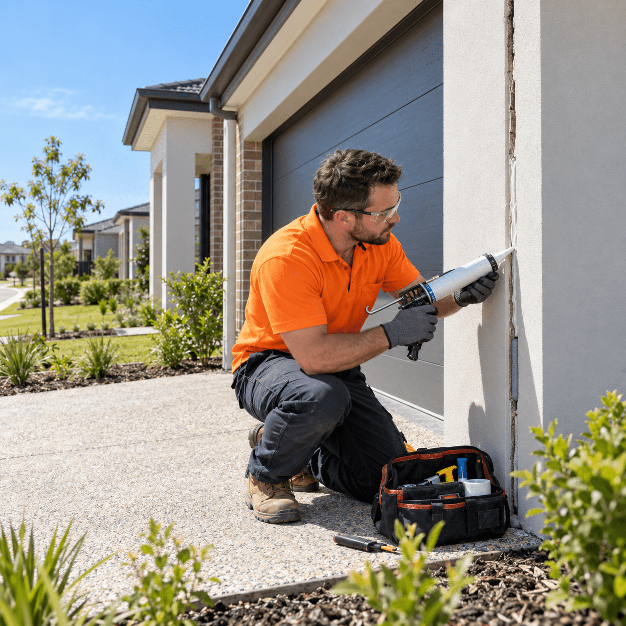 Building maintenance professional resealing an exterior wall joint at a Pallara home
