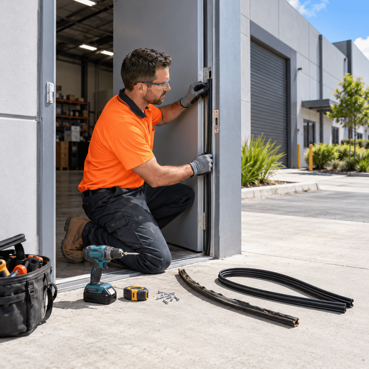 Building maintenance professional repairing a commercial door frame at a Richlands warehouse