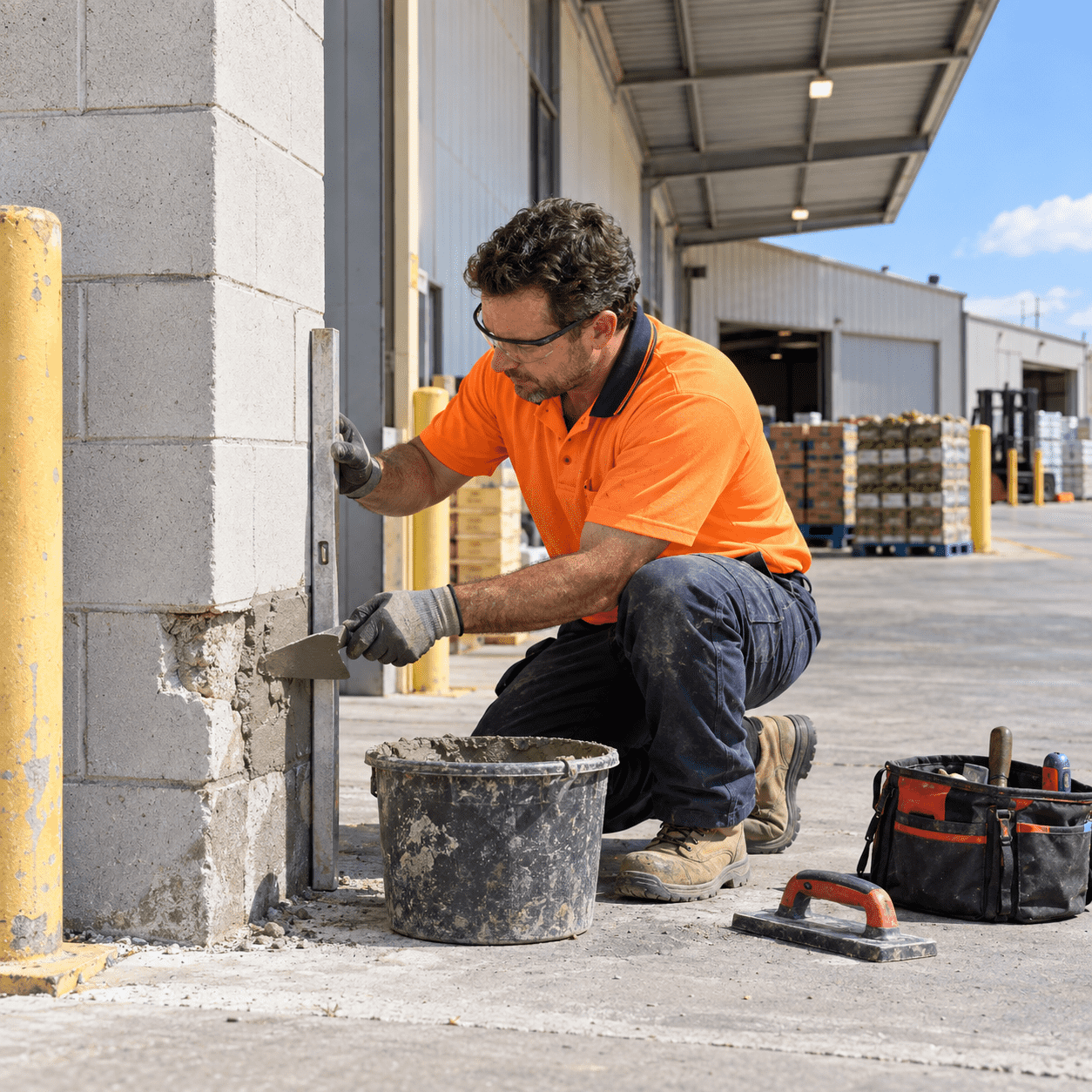 Building maintenance professional repairing a concrete block wall at a Rocklea commercial facility