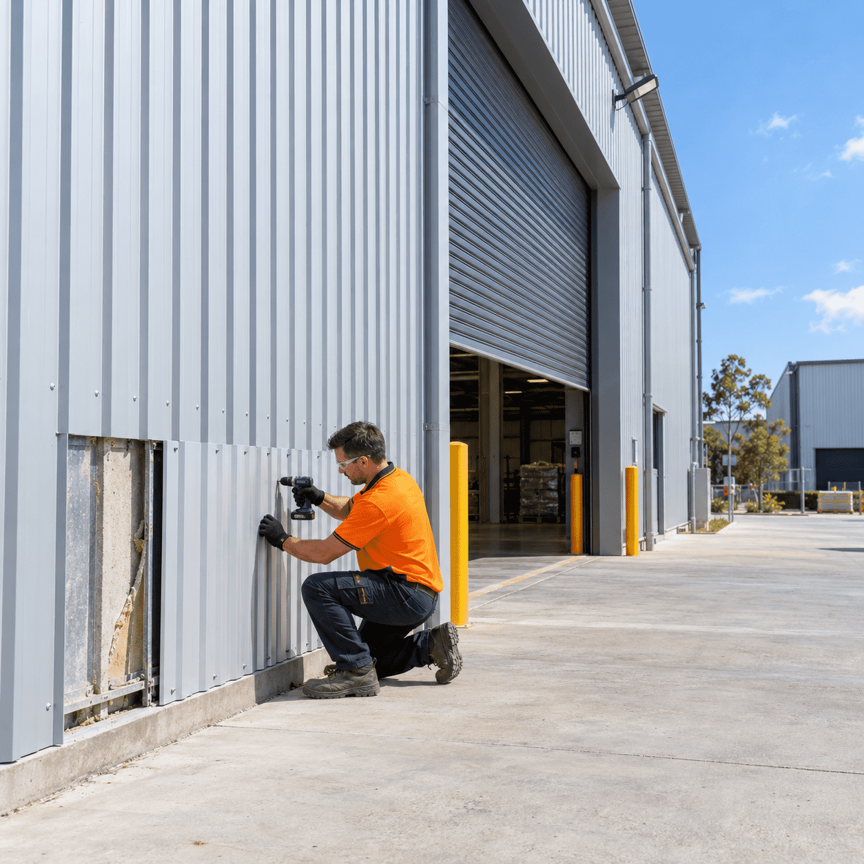 Building maintenance tradesman replacing metal wall cladding on an industrial warehouse in Wacol