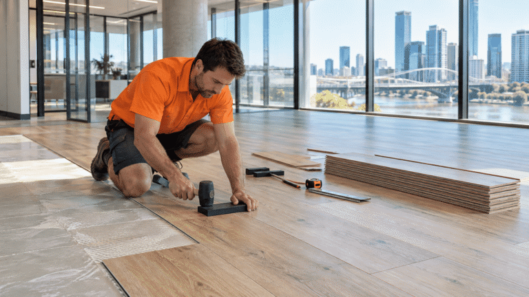 Flooring specialist installing timber-look vinyl planks in a modern Brisbane commercial building
