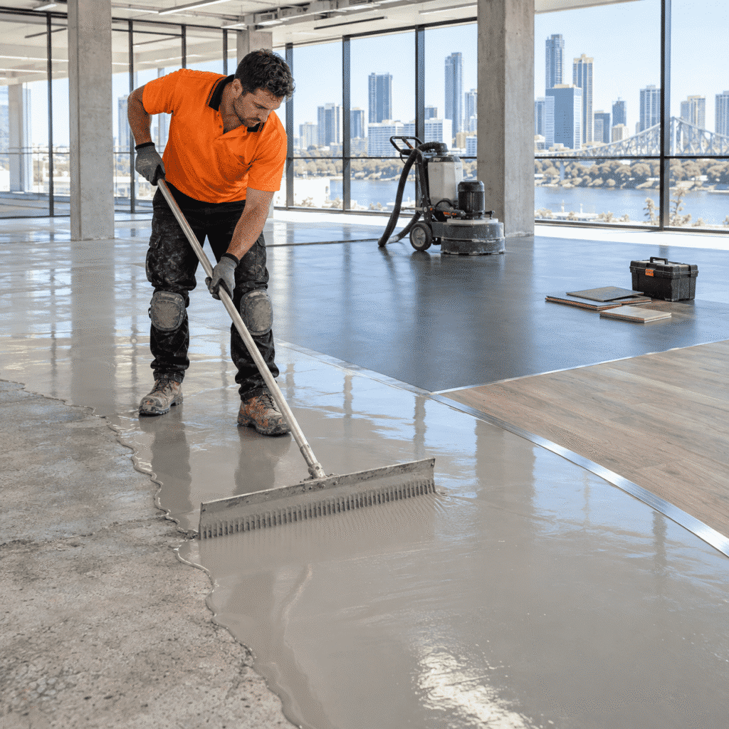 Tradesman applying self-levelling compound during a commercial flooring installation in Brisbane