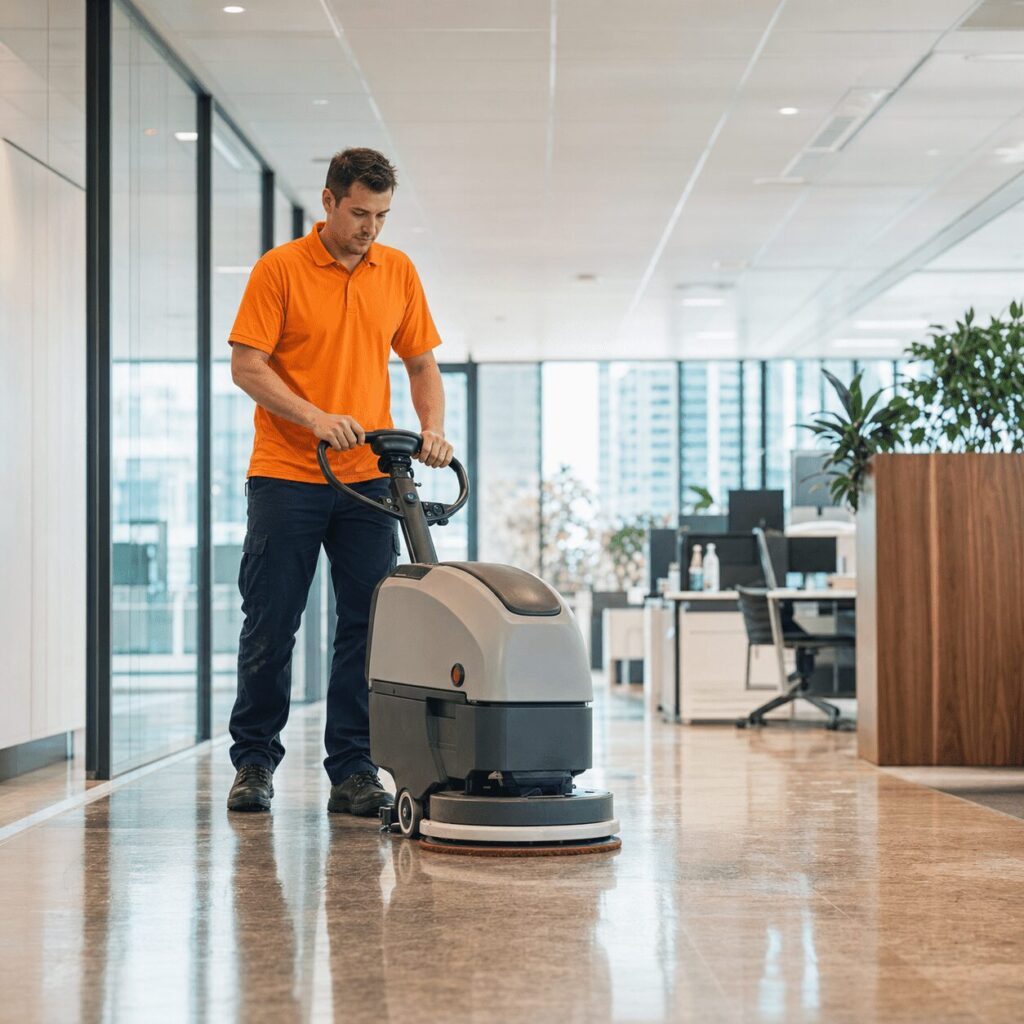 SBBM commercial cleaner using a floor scrubber in a modern Brisbane office.