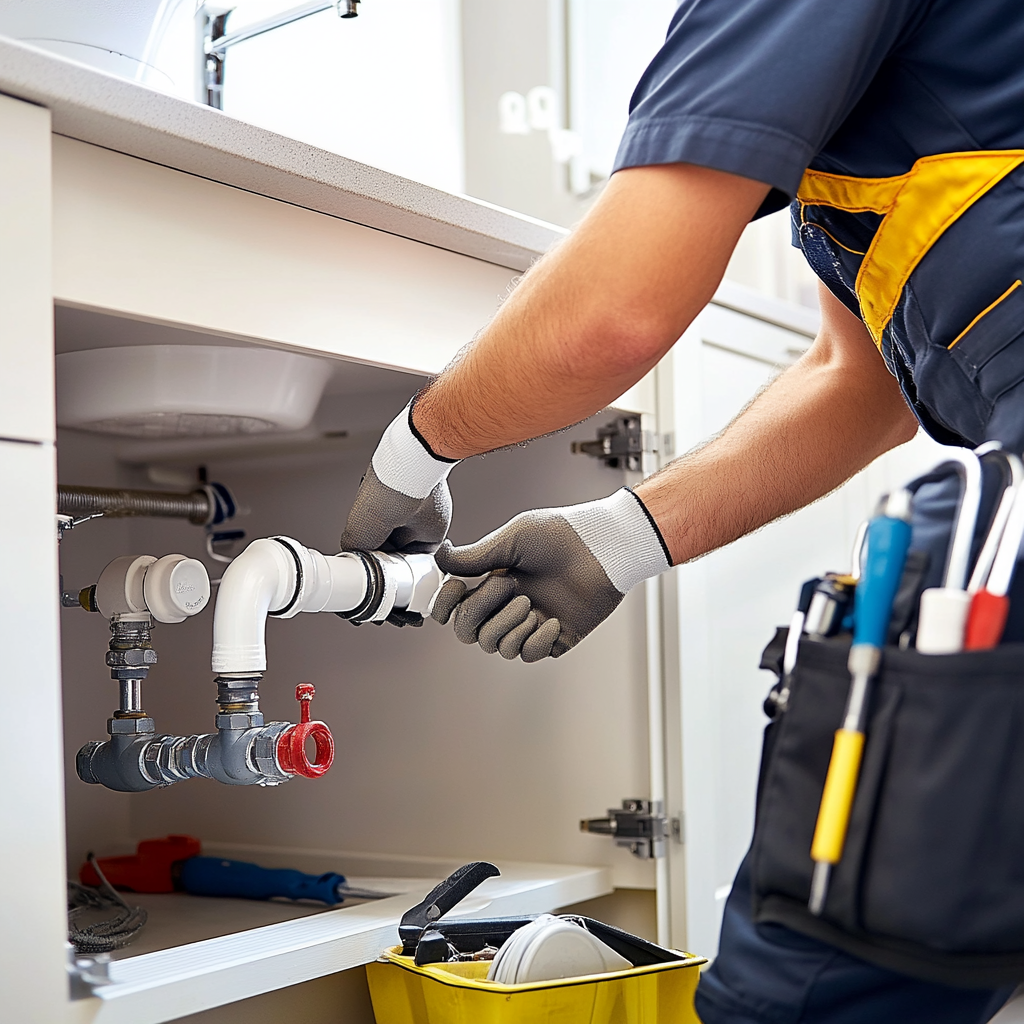 SBBM plumber repairing pipes beneath a kitchen sink in a Brisbane home.