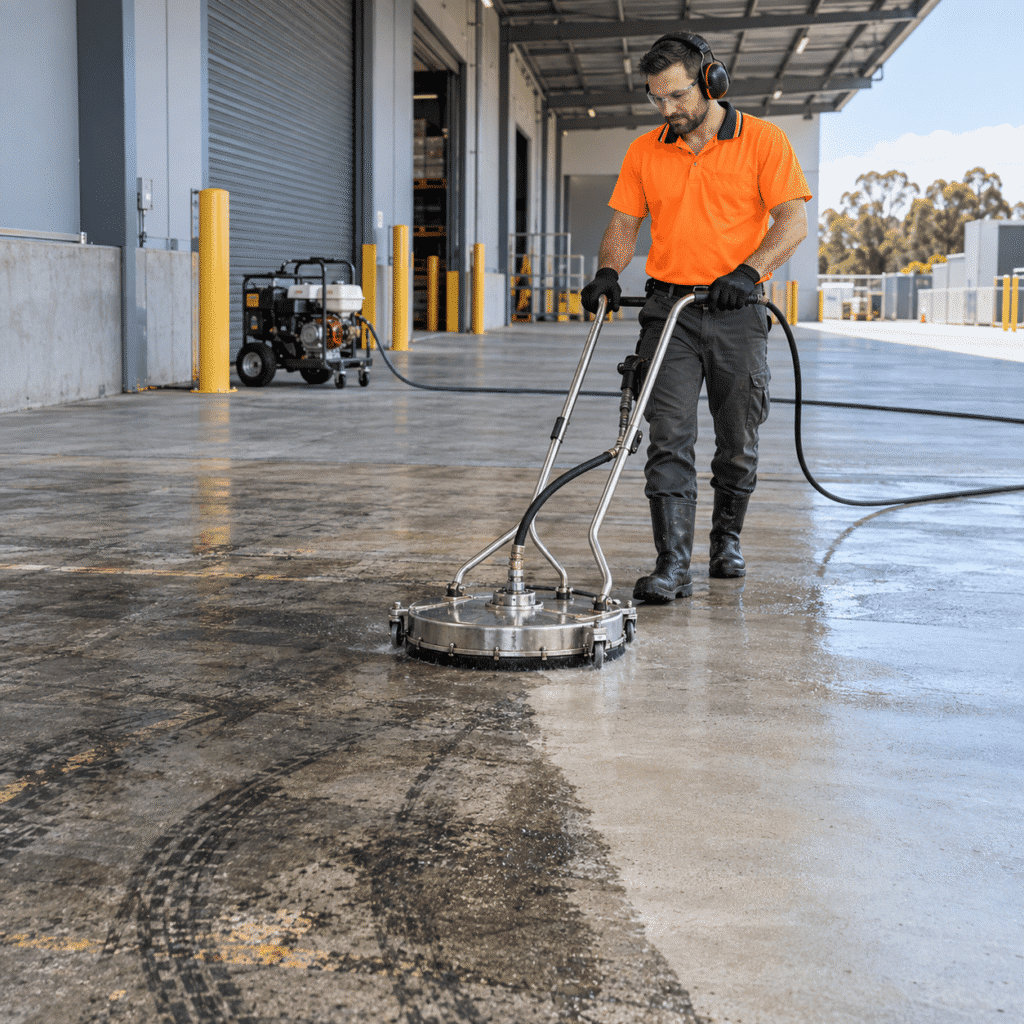Tradesman pressure cleaning tyre marks from a concrete floor at a Brisbane commercial property