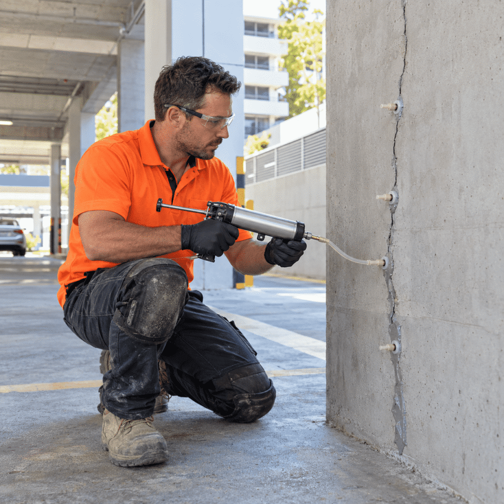 Concrete repair tradesman injecting epoxy into a cracked commercial concrete wall in Brisbane
