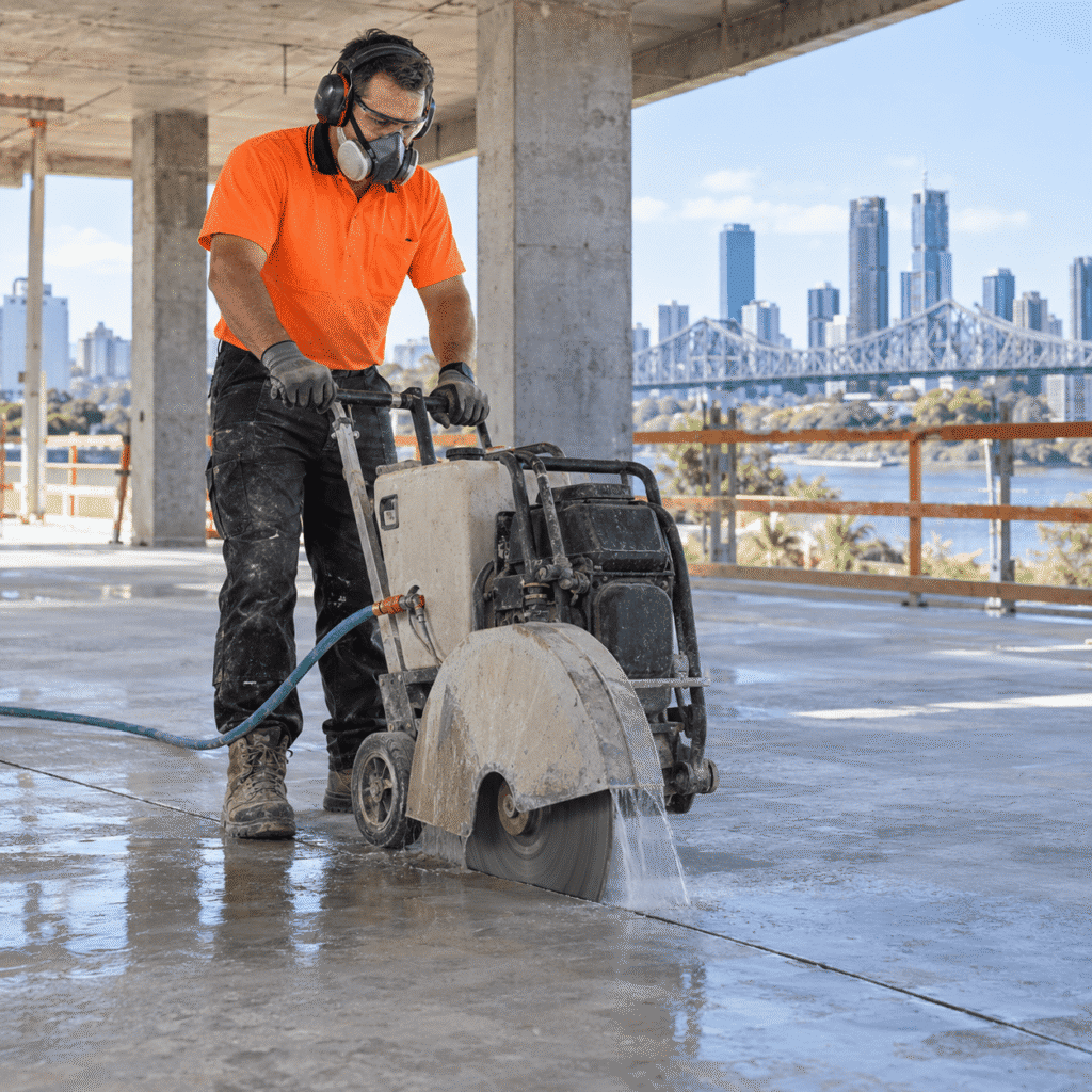 Tradesman using a wet-cut concrete floor saw at a Brisbane commercial property