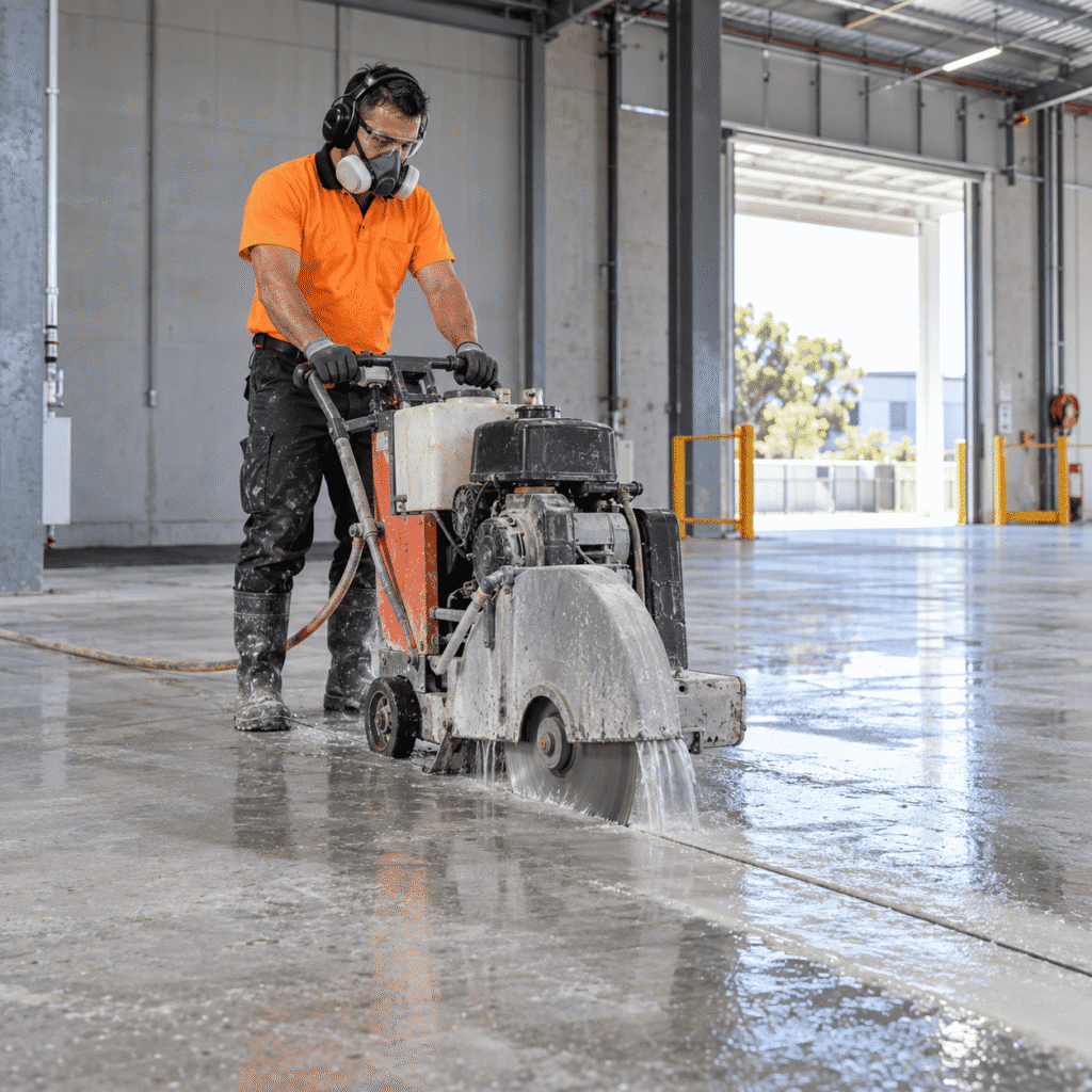 Concrete cutting tradesman using a wet floor saw inside a Brisbane commercial warehouse