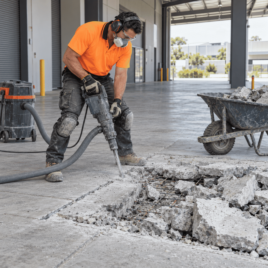 Tradesman using a demolition hammer to remove a concrete slab at a Brisbane commercial property
