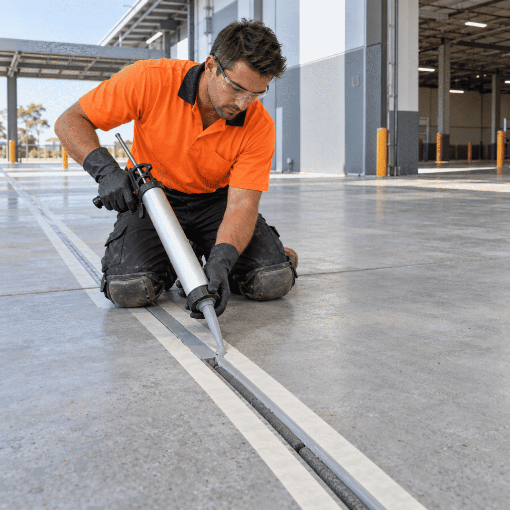 Tradesman applying flexible sealant to a concrete expansion joint at a Brisbane commercial property