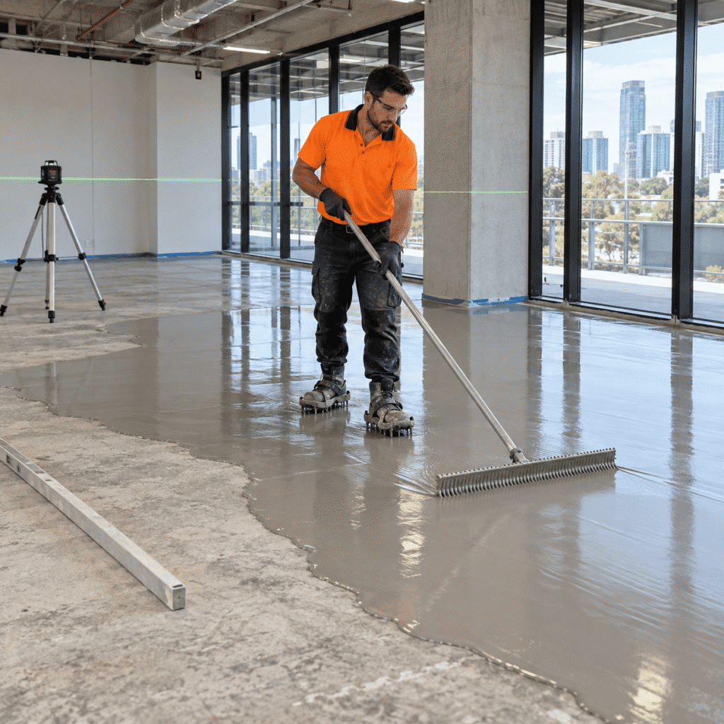 Concrete tradesman applying self-levelling compound to a commercial floor in Brisbane