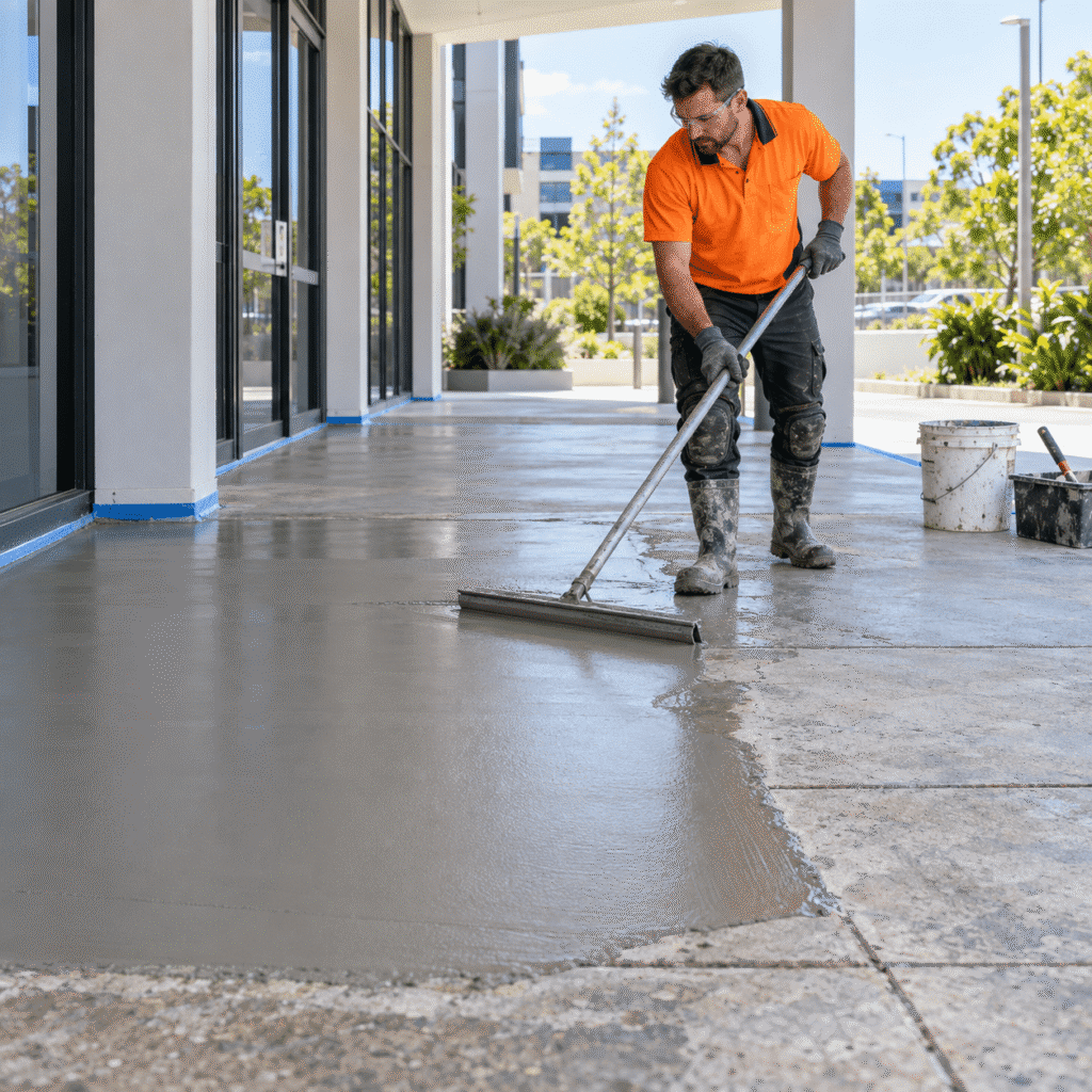 Concrete tradesman applying a resurfacing overlay to a commercial walkway in Brisbane