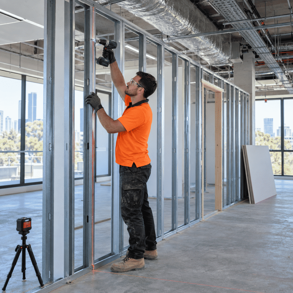 Commercial carpenter constructing a steel-stud partition wall in a Brisbane office fit-out