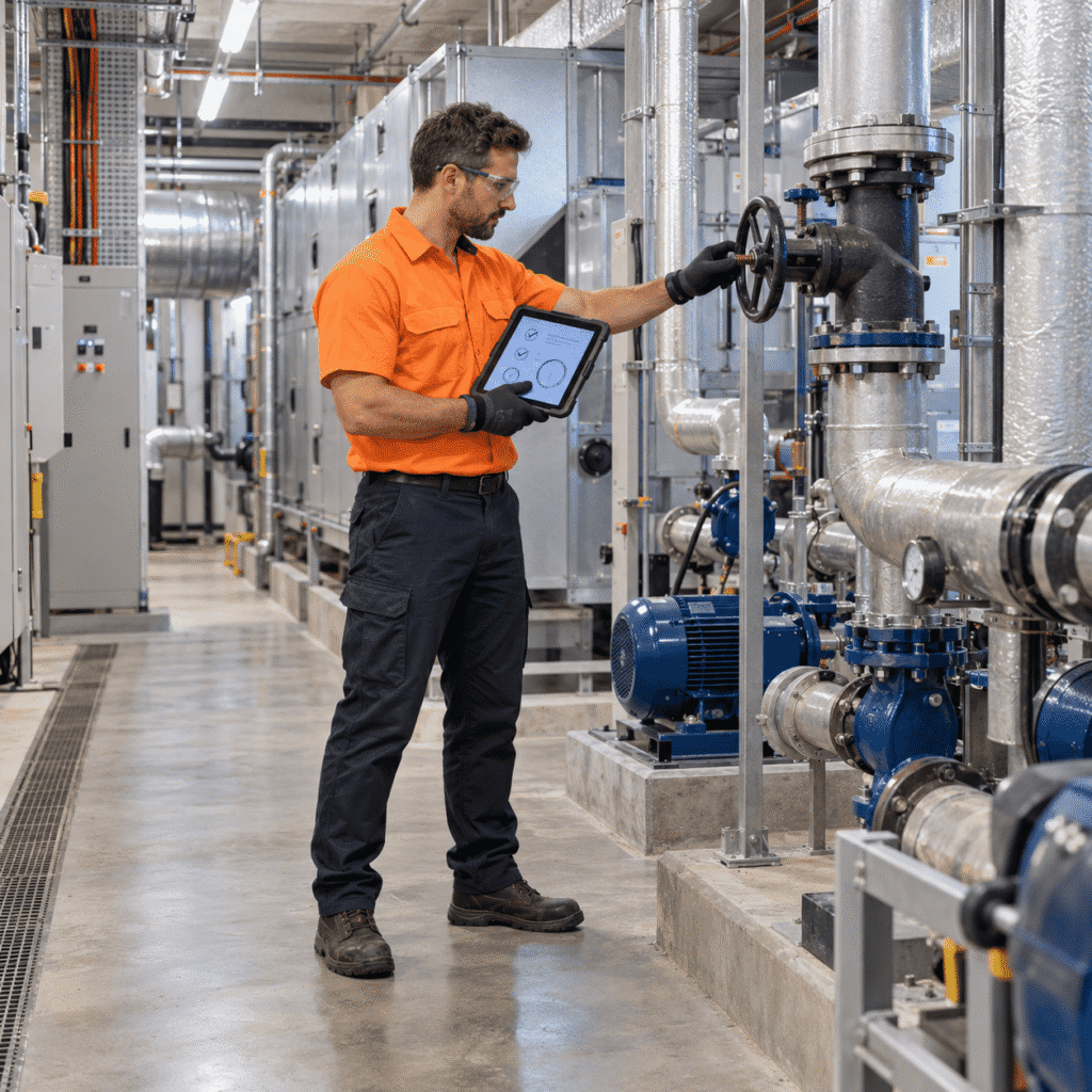 Building inspector documenting preventive maintenance findings in a Brisbane commercial plant room