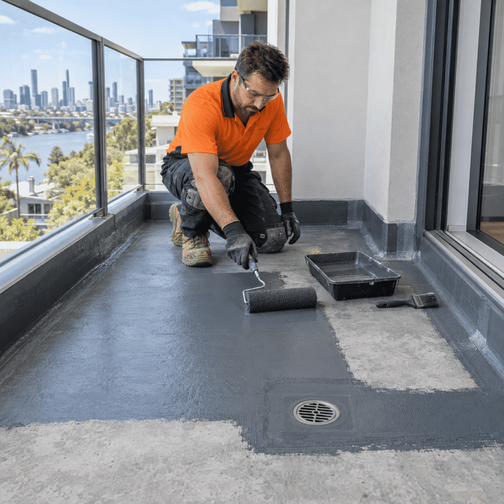 Tradesman applying a waterproof membrane around the drain and edges of a Brisbane apartment balcony