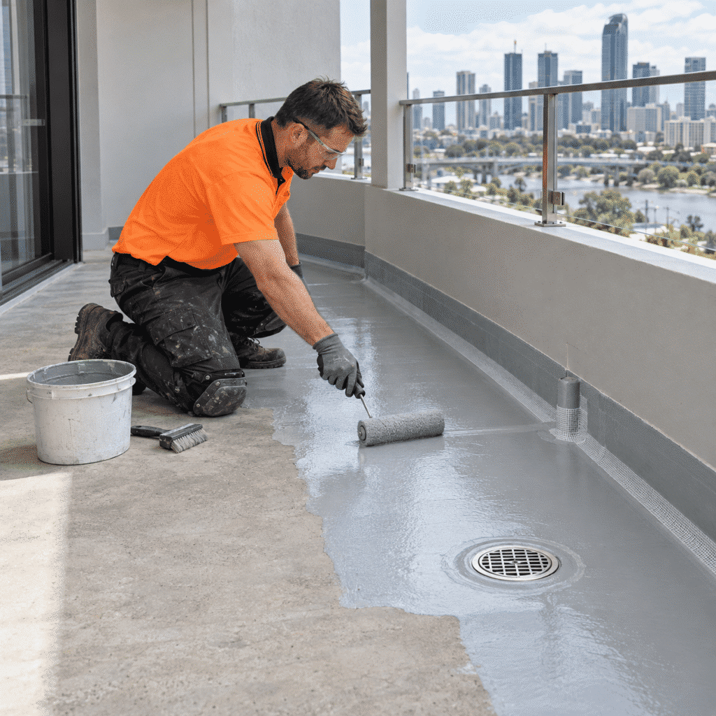 Tradesman applying a waterproof membrane around a balcony drain at a Brisbane commercial property
